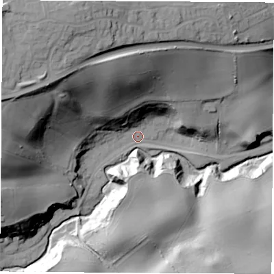 Shaded relief map of the ground around SR78QW, computed from Environment Agency LiDAR. The ground here sits at about 45 m above sea level and falls 57 m across the surrounding 800 m. Surface water reaching this point runs off ground lying to the north-west, 52.9 m higher.