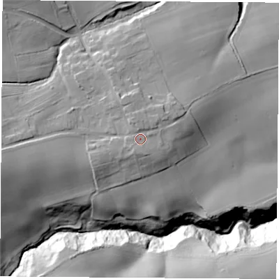 Shaded relief map of the ground around SR78SD, computed from Environment Agency LiDAR. The ground here sits at about 95 m above sea level and falls 47 m across the surrounding 800 m. Surface water reaching this point runs off ground lying to the south-south-east, 1.3 m higher.