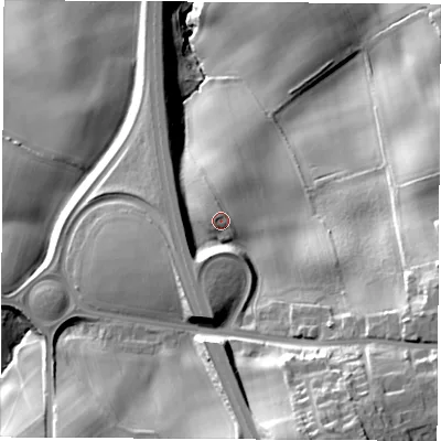 Shaded relief map of the ground around SR83DA, computed from Environment Agency LiDAR. The ground here sits at about 123 m above sea level and falls 44 m across the surrounding 800 m. Surface water reaching this point runs off ground lying to the north-west, 1.7 m higher.