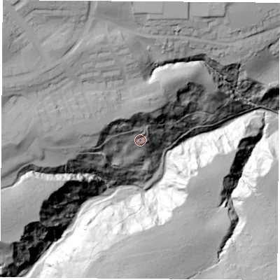 Shaded relief map of the ground around SR85RR, computed from Environment Agency LiDAR. The ground here sits at about 51 m above sea level and falls 83 m across the surrounding 800 m. Surface water reaching this point runs off ground lying to the west-north-west, 31.4 m higher.