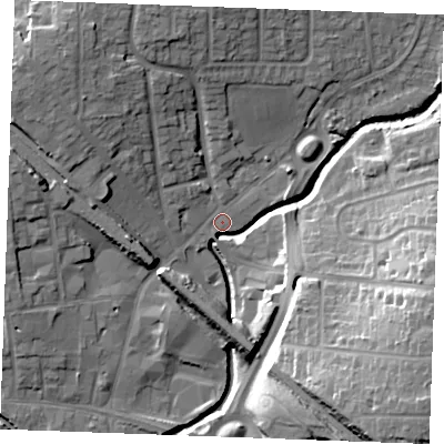 Shaded relief map of the ground around SS117AA, computed from Environment Agency LiDAR. The ground here sits at about 7 m above sea level and falls 22 m across the surrounding 800 m. Surface water reaching this point runs off ground lying to the west-north-west, 2.3 m higher.