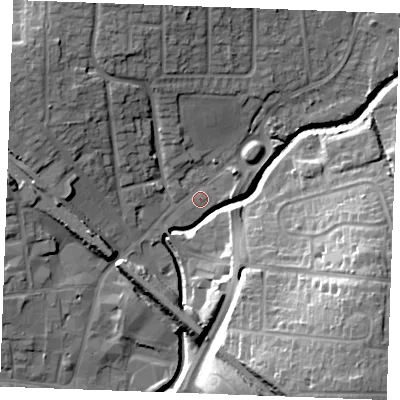Shaded relief map of the ground around SS117AB, computed from Environment Agency LiDAR. The ground here sits at about 7 m above sea level and falls 22 m across the surrounding 800 m. Surface water reaching this point runs off ground lying to the north-west, 10.8 m higher.