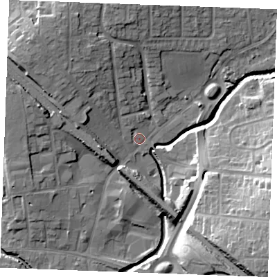 Shaded relief map of the ground around SS117AD, computed from Environment Agency LiDAR. The ground here sits at about 8 m above sea level and falls 21 m across the surrounding 800 m. Surface water reaching this point runs off ground lying to the north-west, 10.1 m higher.