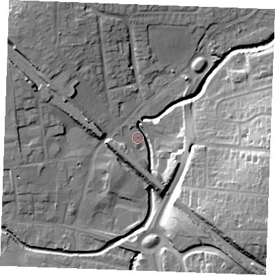 Shaded relief map of the ground around SS117AJ, computed from Environment Agency LiDAR. The ground here sits at about 7 m above sea level and falls 22 m across the surrounding 800 m. Surface water reaching this point runs off ground lying to the east-south-east, 12.2 m higher.