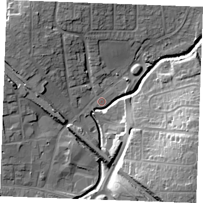 Shaded relief map of the ground around SS117AN, computed from Environment Agency LiDAR. The ground here sits at about 7 m above sea level and falls 22 m across the surrounding 800 m. Surface water reaching this point runs off ground lying to the south-west, 0.6 m higher.