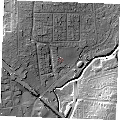 Shaded relief map of the ground around SS117BZ, computed from Environment Agency LiDAR. The ground here sits at about 9 m above sea level and falls 21 m across the surrounding 800 m. Surface water reaching this point runs off ground lying to the north-north-west, 4.4 m higher.