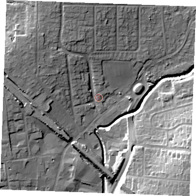 Shaded relief map of the ground around SS117DL, computed from Environment Agency LiDAR. The ground here sits at about 8 m above sea level and falls 21 m across the surrounding 800 m. Surface water reaching this point runs off ground lying to the north-north-west, 10.4 m higher.