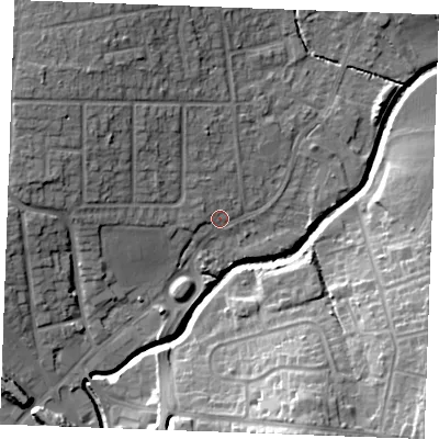 Shaded relief map of the ground around SS117HG, computed from Environment Agency LiDAR. The ground here sits at about 8 m above sea level and falls 20 m across the surrounding 800 m. Surface water reaching this point runs off ground lying to the north-west, 10.5 m higher.
