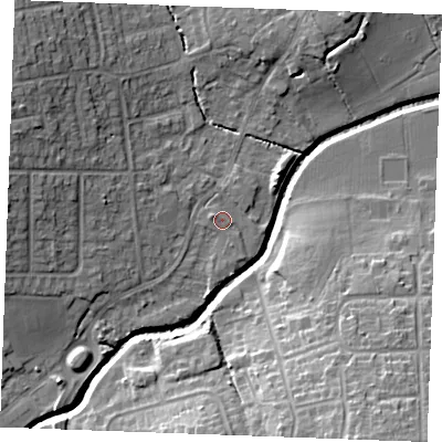 Shaded relief map of the ground around SS117HJ, computed from Environment Agency LiDAR. The ground here sits at about 7 m above sea level and falls 19 m across the surrounding 800 m. Surface water reaching this point runs off ground lying to the west-north-west, 1.1 m higher.