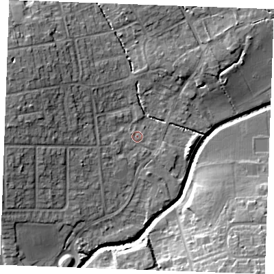 Shaded relief map of the ground around SS117HN, computed from Environment Agency LiDAR. The ground here sits at about 7 m above sea level and falls 16 m across the surrounding 800 m. Surface water reaching this point runs off ground lying to the west, 2.9 m higher.