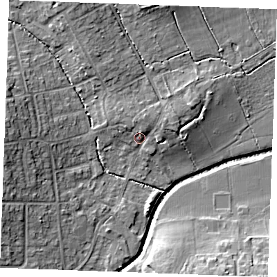 Shaded relief map of the ground around SS117HP, computed from Environment Agency LiDAR. The ground here sits at about 8 m above sea level and falls 12 m across the surrounding 800 m. Surface water reaching this point runs off ground lying to the north-east, 3.6 m higher.