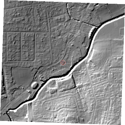 Shaded relief map of the ground around SS117HQ, computed from Environment Agency LiDAR. The ground here sits at about 6 m above sea level and falls 23 m across the surrounding 800 m. Surface water reaching this point runs off ground lying to the west-north-west, 9.8 m higher.