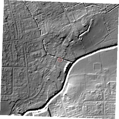 Shaded relief map of the ground around SS117HR, computed from Environment Agency LiDAR. The ground here sits at about 6 m above sea level and falls 15 m across the surrounding 800 m. Surface water reaching this point runs off ground lying to the west-north-west, 10.2 m higher.