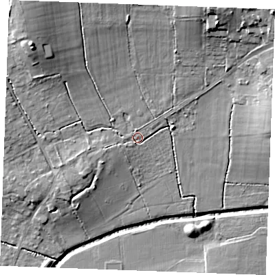 Shaded relief map of the ground around SS117PN, computed from Environment Agency LiDAR. The ground here sits at about 7 m above sea level and falls 20 m across the surrounding 800 m. Surface water reaching this point runs off ground lying to the west-south-west, 2.8 m higher.