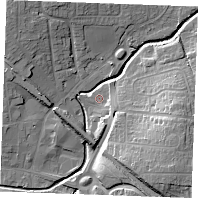 Shaded relief map of the ground around SS118AA, computed from Environment Agency LiDAR. The ground here sits at about 7 m above sea level and falls 22 m across the surrounding 800 m. Surface water reaching this point runs off ground lying to the north-west, 13.2 m higher.
