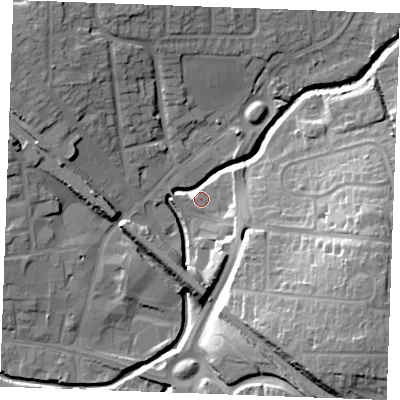 Shaded relief map of the ground around SS118AB, computed from Environment Agency LiDAR. The ground here sits at about 7 m above sea level and falls 22 m across the surrounding 800 m. Surface water reaching this point runs off ground lying to the north-west, 13.7 m higher.