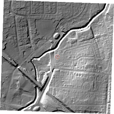 Shaded relief map of the ground around SS118AQ, computed from Environment Agency LiDAR. The ground here sits at about 9 m above sea level and falls 26 m across the surrounding 800 m. Surface water reaching this point runs off ground lying to the south-east, 15.7 m higher.