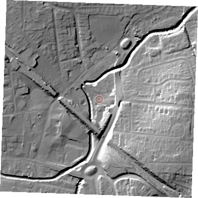 Shaded relief map of the ground around SS118BB, computed from Environment Agency LiDAR. The ground here sits at about 7 m above sea level and falls 22 m across the surrounding 800 m. Surface water reaching this point runs off ground lying to the north-west, 13.5 m higher.