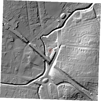 Shaded relief map of the ground around SS118BD, computed from Environment Agency LiDAR. The ground here sits at about 8 m above sea level and falls 22 m across the surrounding 800 m. Surface water reaching this point runs off ground lying to the east, 8.1 m higher.