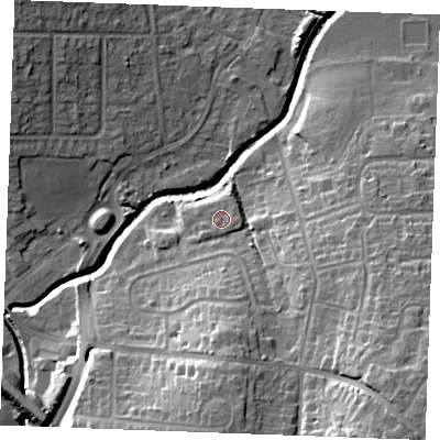 Shaded relief map of the ground around SS118BG, computed from Environment Agency LiDAR. The ground here sits at about 10 m above sea level and falls 28 m across the surrounding 800 m. Surface water reaching this point runs off ground lying to the south-south-east, 1.2 m higher.