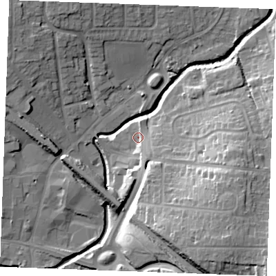 Shaded relief map of the ground around SS118GD, computed from Environment Agency LiDAR. The ground here sits at about 7 m above sea level and falls 23 m across the surrounding 800 m. Surface water reaching this point runs off ground lying to the south-south-east, 8.3 m higher.