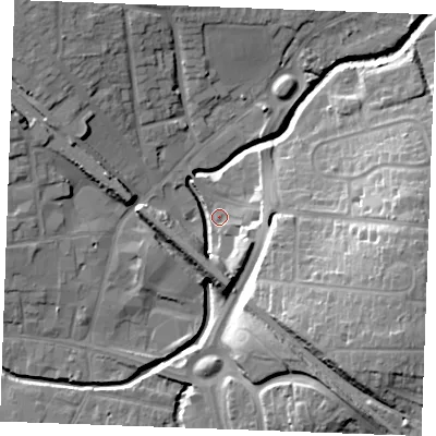 Shaded relief map of the ground around SS118GL, computed from Environment Agency LiDAR. The ground here sits at about 7 m above sea level and falls 22 m across the surrounding 800 m. Surface water reaching this point runs off ground lying to the east-south-east, 12.1 m higher.