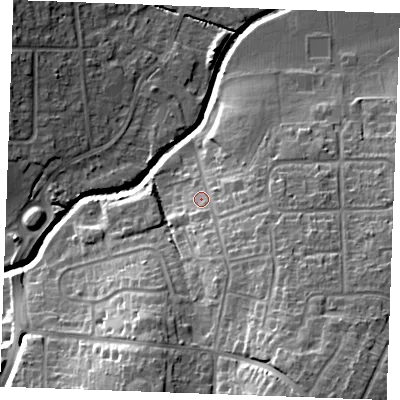 Shaded relief map of the ground around SS118HJ, computed from Environment Agency LiDAR. The ground here sits at about 10 m above sea level and falls 27 m across the surrounding 800 m. Surface water reaching this point runs off ground lying to the south-east, 14.4 m higher.