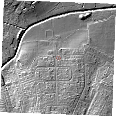 Shaded relief map of the ground around SS118JE, computed from Environment Agency LiDAR. The ground here sits at about 11 m above sea level and falls 22 m across the surrounding 800 m. Surface water reaching this point runs off ground lying to the south, 14.9 m higher.