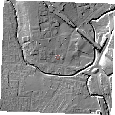Shaded relief map of the ground around SS120AL, computed from Environment Agency LiDAR. The ground here sits at about 9 m above sea level and falls 15 m across the surrounding 800 m. Surface water reaching this point runs off ground lying to the north-west, 4.1 m higher.