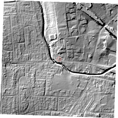 Shaded relief map of the ground around SS120AN, computed from Environment Agency LiDAR. The ground here sits at about 8 m above sea level and falls 12 m across the surrounding 800 m. Surface water reaching this point runs off ground lying to the north-north-east, 3.3 m higher.