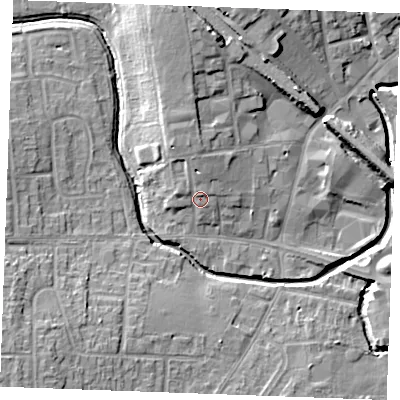Shaded relief map of the ground around SS120AQ, computed from Environment Agency LiDAR. The ground here sits at about 10 m above sea level and falls 13 m across the surrounding 800 m. Surface water reaching this point runs off ground lying to the north, 3.9 m higher.