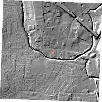 Shaded relief map of the ground around SS120AW, computed from Environment Agency LiDAR. The ground here sits at about 8 m above sea level and falls 12 m across the surrounding 800 m. Surface water reaching this point runs off ground lying to the north-north-west, 5.8 m higher.