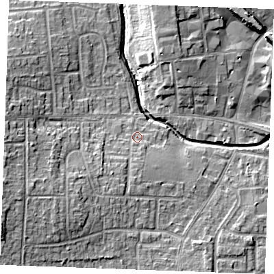Shaded relief map of the ground around SS120BD, computed from Environment Agency LiDAR. The ground here sits at about 9 m above sea level and falls 13 m across the surrounding 800 m. Surface water reaching this point runs off ground lying to the south-west, 5.5 m higher.