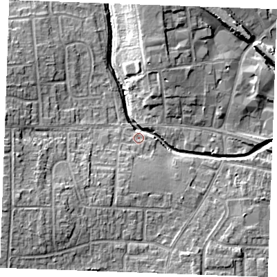 Shaded relief map of the ground around SS120BE, computed from Environment Agency LiDAR. The ground here sits at about 8 m above sea level and falls 12 m across the surrounding 800 m. Surface water reaching this point runs off ground lying to the west-south-west, 11.4 m higher.