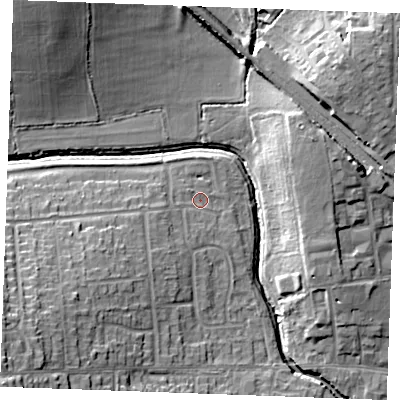 Shaded relief map of the ground around SS120DS, computed from Environment Agency LiDAR. The ground here sits at about 9 m above sea level and falls 16 m across the surrounding 800 m. Surface water reaching this point runs off ground lying to the south-west, 12.0 m higher.