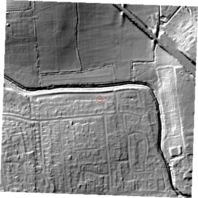Shaded relief map of the ground around SS120DU, computed from Environment Agency LiDAR. The ground here sits at about 9 m above sea level and falls 19 m across the surrounding 800 m. Surface water reaching this point runs off ground lying to the south-west, 2.5 m higher.