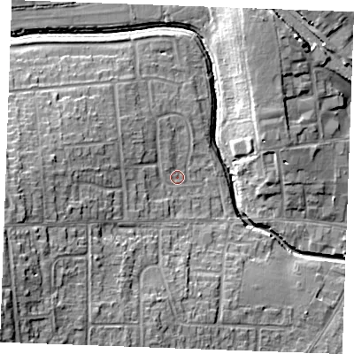 Shaded relief map of the ground around SS120DZ, computed from Environment Agency LiDAR. The ground here sits at about 9 m above sea level and falls 17 m across the surrounding 800 m. Surface water reaching this point runs off ground lying to the west-south-west, 10.7 m higher.