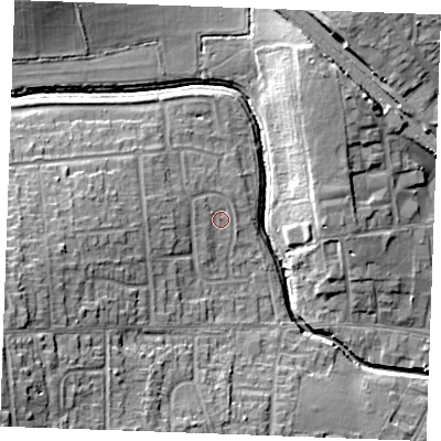 Shaded relief map of the ground around SS120EA, computed from Environment Agency LiDAR. The ground here sits at about 9 m above sea level and falls 16 m across the surrounding 800 m. Surface water reaching this point runs off ground lying to the west, 3.0 m higher.