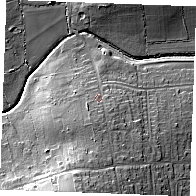 Shaded relief map of the ground around SS120EF, computed from Environment Agency LiDAR. The ground here sits at about 18 m above sea level and falls 23 m across the surrounding 800 m. Surface water reaching this point runs off ground lying to the south-south-west, 5.2 m higher.