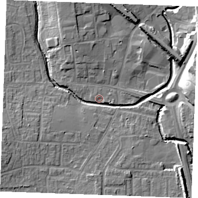 Shaded relief map of the ground around SS120FE, computed from Environment Agency LiDAR. The ground here sits at about 7 m above sea level and falls 14 m across the surrounding 800 m. Surface water reaching this point runs off ground lying to the east, 13.2 m higher.