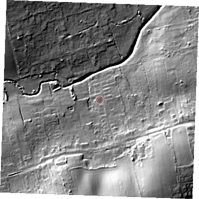 Shaded relief map of the ground around SS120JB, computed from Environment Agency LiDAR. The ground here sits at about 13 m above sea level and falls 28 m across the surrounding 800 m. Surface water reaching this point runs off ground lying to the south-east, 20.1 m higher.