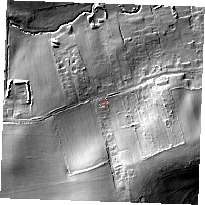 Shaded relief map of the ground around SS120LF, computed from Environment Agency LiDAR. The ground here sits at about 20 m above sea level and falls 30 m across the surrounding 800 m. Surface water reaching this point runs off ground lying to the south-south-east, 19.8 m higher.