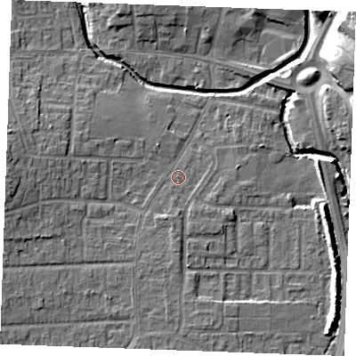 Shaded relief map of the ground around SS120LN, computed from Environment Agency LiDAR. The ground here sits at about 9 m above sea level and falls 13 m across the surrounding 800 m. Surface water reaching this point runs off ground lying to the south, 2.4 m higher.