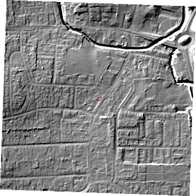 Shaded relief map of the ground around SS120NF, computed from Environment Agency LiDAR. The ground here sits at about 9 m above sea level and falls 11 m across the surrounding 800 m. Surface water reaching this point runs off ground lying to the west, 6.3 m higher.