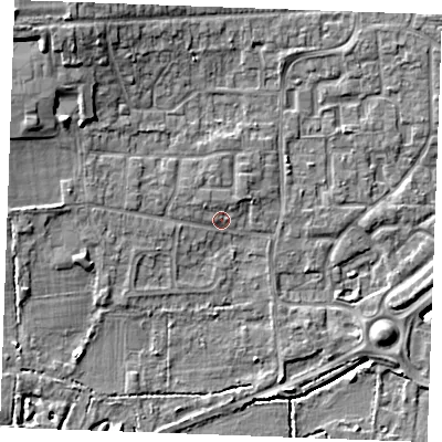 Shaded relief map of the ground around SS120NZ, computed from Environment Agency LiDAR. The ground here sits at about 10 m above sea level and falls 11 m across the surrounding 800 m. Surface water reaching this point runs off ground lying to the north-west, 5.0 m higher.