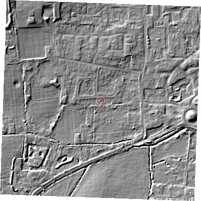 Shaded relief map of the ground around SS120PB, computed from Environment Agency LiDAR. The ground here sits at about 10 m above sea level and falls 10 m across the surrounding 800 m. Surface water reaching this point runs off ground lying to the north-west, 1.6 m higher.