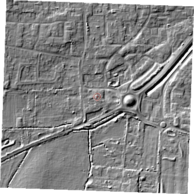 Shaded relief map of the ground around SS120PT, computed from Environment Agency LiDAR. The ground here sits at about 10 m above sea level and falls 6 m across the surrounding 800 m. Surface water reaching this point runs off ground lying to the south-south-west, 0.7 m higher.