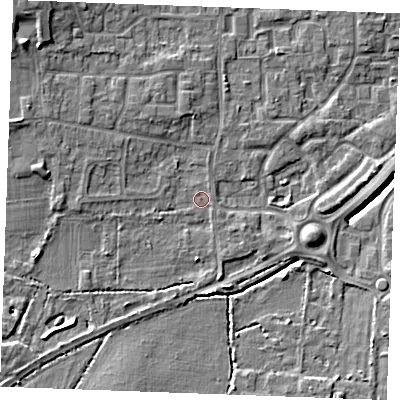 Shaded relief map of the ground around SS120PU, computed from Environment Agency LiDAR. The ground here sits at about 9 m above sea level and falls 8 m across the surrounding 800 m. Surface water reaching this point runs off ground lying to the north-west, 3.3 m higher.