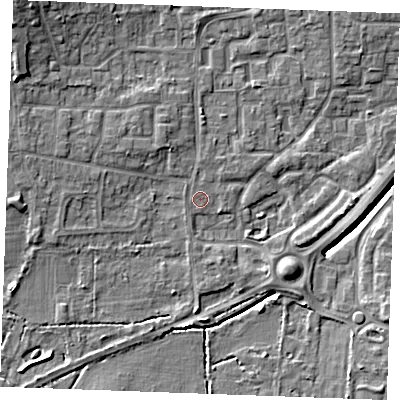 Shaded relief map of the ground around SS120PX, computed from Environment Agency LiDAR. The ground here sits at about 9 m above sea level and falls 9 m across the surrounding 800 m. Surface water reaching this point runs off ground lying to the north-west, 1.9 m higher.