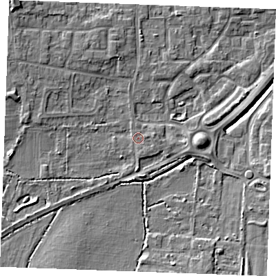 Shaded relief map of the ground around SS120PY, computed from Environment Agency LiDAR. The ground here sits at about 9 m above sea level and falls 7 m across the surrounding 800 m. Surface water reaching this point runs off ground lying to the east, 0.7 m higher.